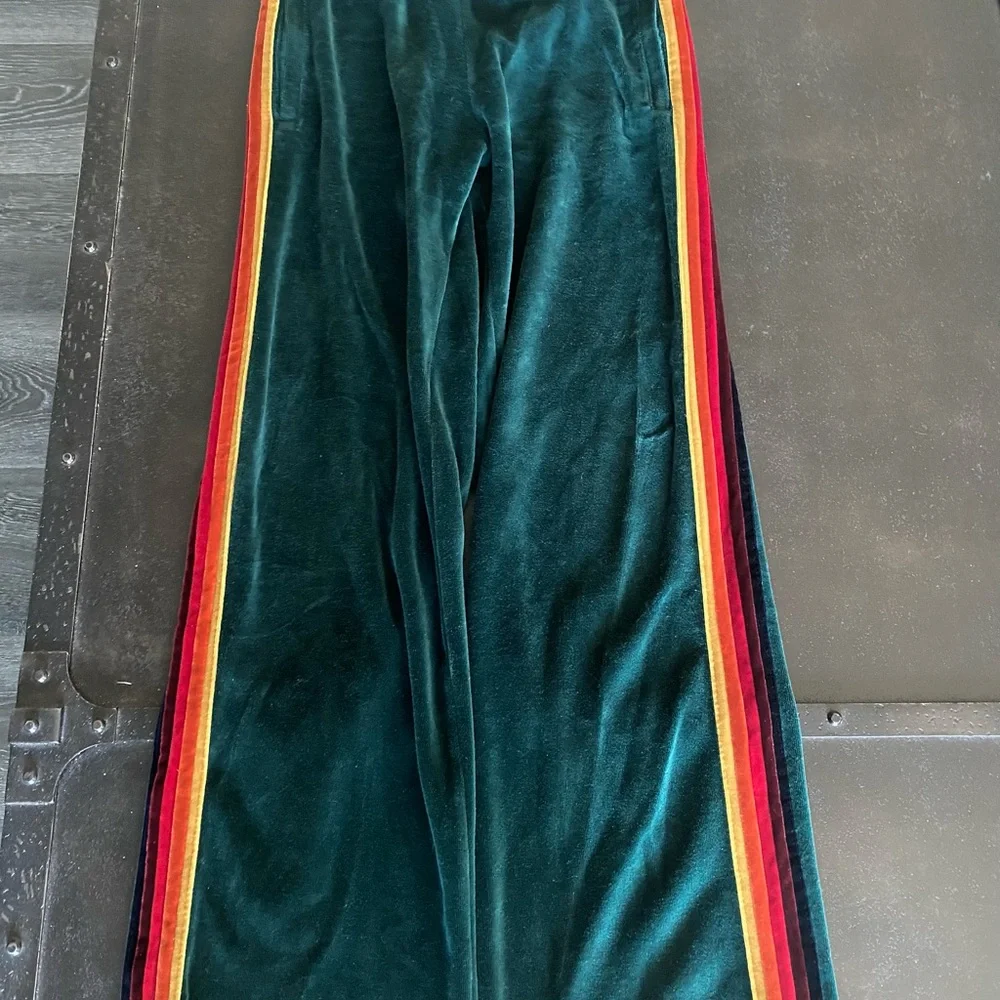 Aviator Nation Velvet Green Pants with Rainbow Stripes - Picture 2 of 5
